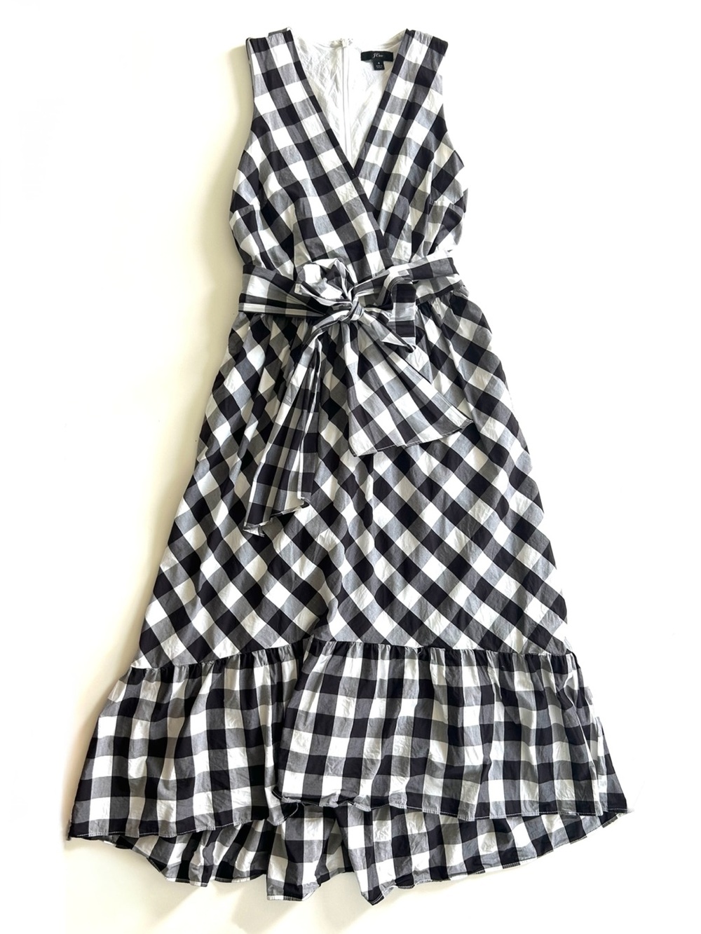 J. Crew Black & White Gingham Faux Wrap Sleeveless Cotton Dress